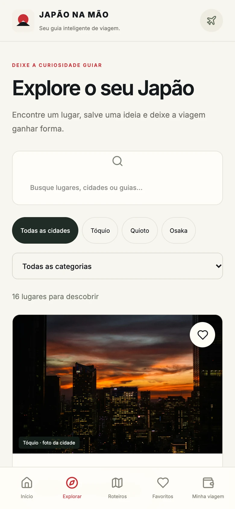 Tela real do aplicativo com busca, filtros e lugares para explorar